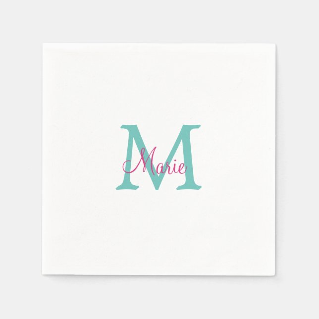 Serviette En Papier simple minimal ajouter nom monogramme vert rose bl (Devant)