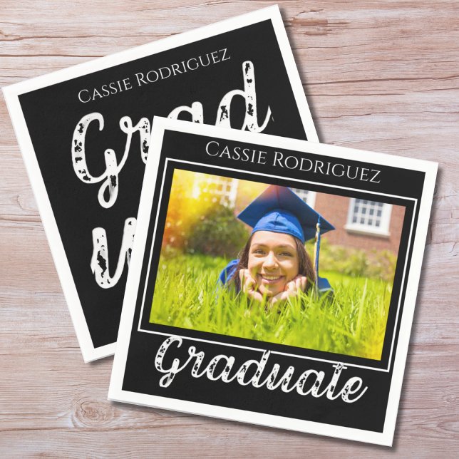 Serviette En Papier Simple Modern Calligraphy Photo Graduation Black (Créateur téléchargé)