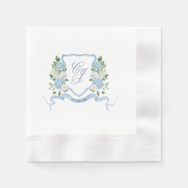 Serviette En Papier Simple Monogramme Bleu Poussiéreux Crest Mariage (Devant)