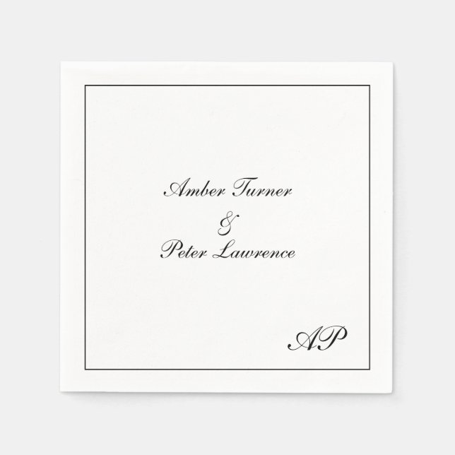 Serviette En Papier Simple Monogramme Élégant Mariage Noir et Blanc (Devant)