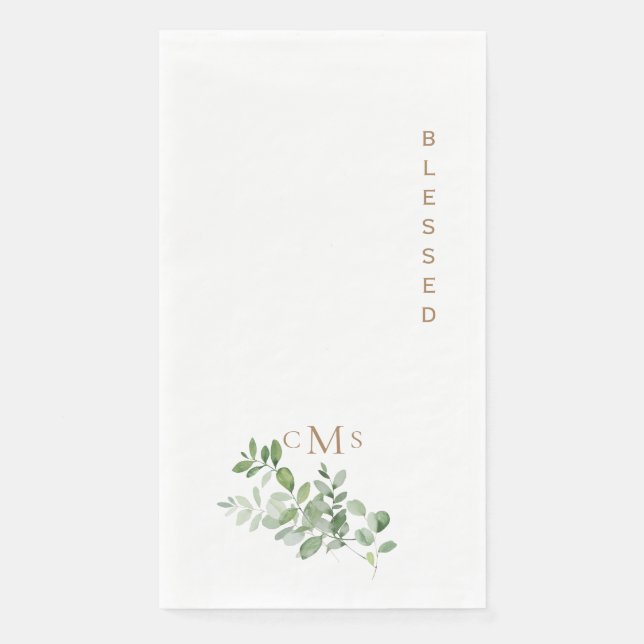 Serviette En Papier Simple Monogramme Feuillage Doré Bénit  (Devant)