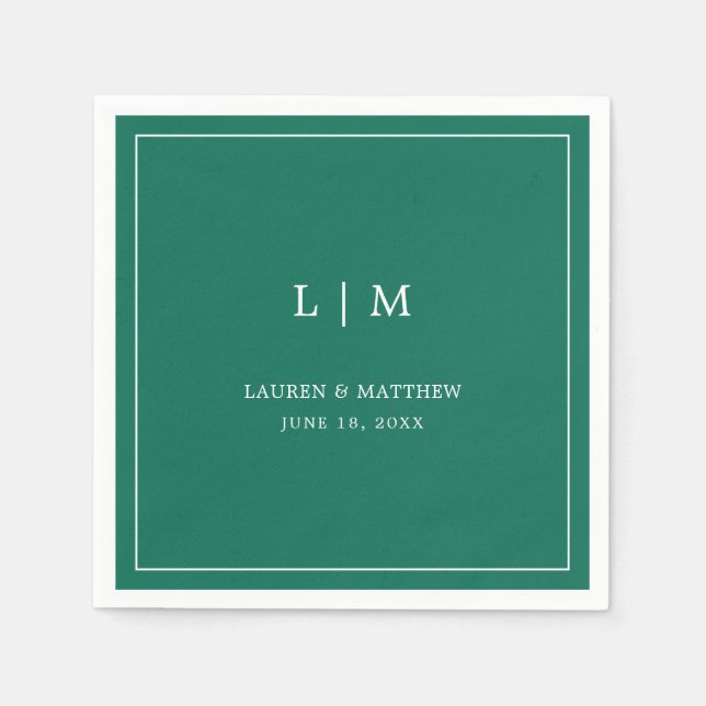Serviette En Papier Simple Monogramme Vert Émeraude Élégant Mariage (Devant)
