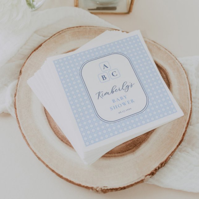 Serviette En Papier Simple Pale Blue Toile Blocks Baby shower Party (Preppy pale blue and white nursery blocks baby boy shower party napkins with bamboo cane weave print)