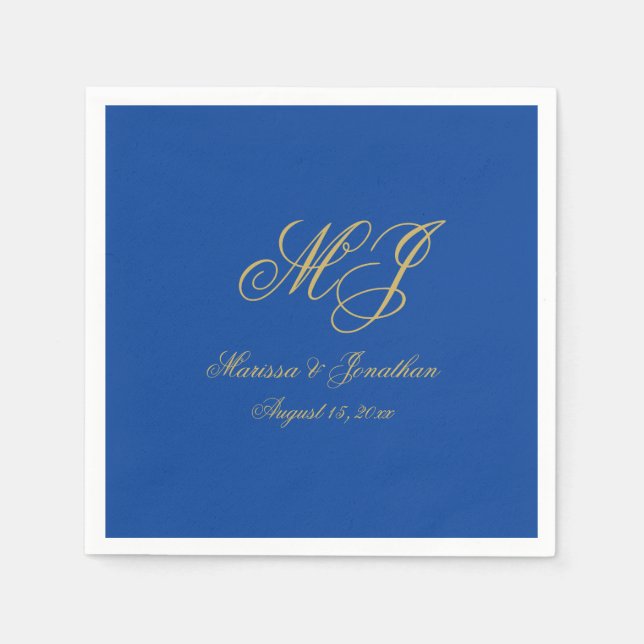 Serviette En Papier Simple Sapphire Blue Gold Monogramme Mariage de sc (Devant)