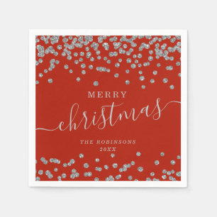 Serviette En Papier Simple Silver Noël Parties scintillant Rouge