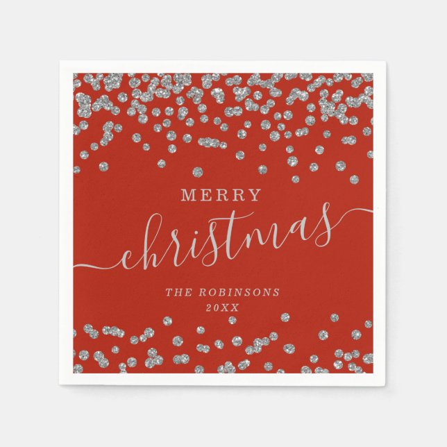 Serviette En Papier Simple Silver Noël Parties scintillant Rouge (Devant)