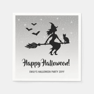 Serviette En Papier Simple Sorcière Sur Un Balai Halloween Noir Et Bla