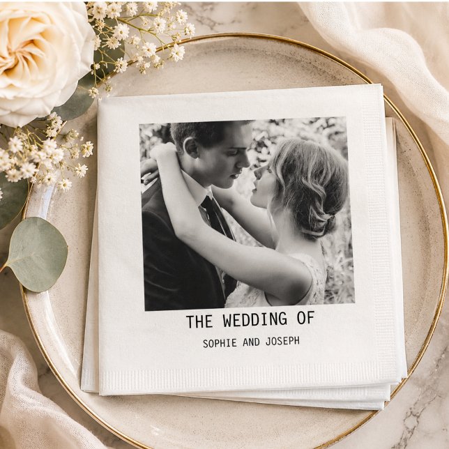Serviette En Papier Simple Texte Élégant & Photo | Code QR Mariage (Simple Elegant Text & Photo | QR Code Wedding Napkins)