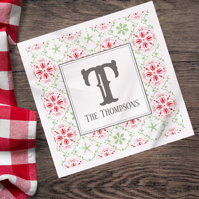 Serviette En Papier Simple vacances Snowflake Motif Monogramme initial (Personalized Christmas monogram napkin with red snowflake pattern.)