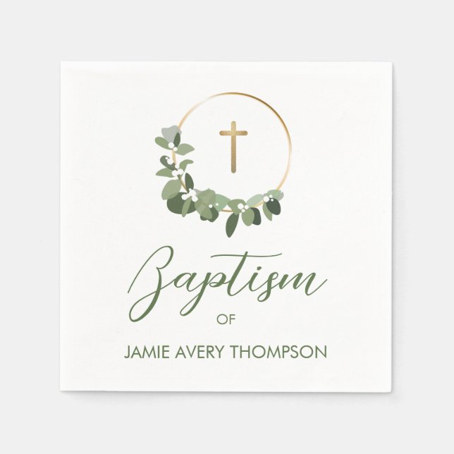 Serviette En Papier Simple Wreath Eucalyptus Gold Cross Baptême person (Devant)
