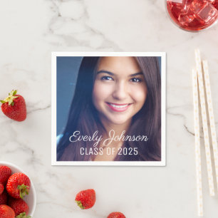 Serviette En Papier Simplement Élégant Script Blanc Photo Graduation