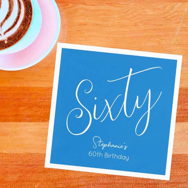 Serviette En Papier Simply Modern Script Blue 60th Birthday Party (Créateur téléchargé)