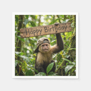 Serviette En Papier Singe tenant un panneau Joyeux Anniversaire