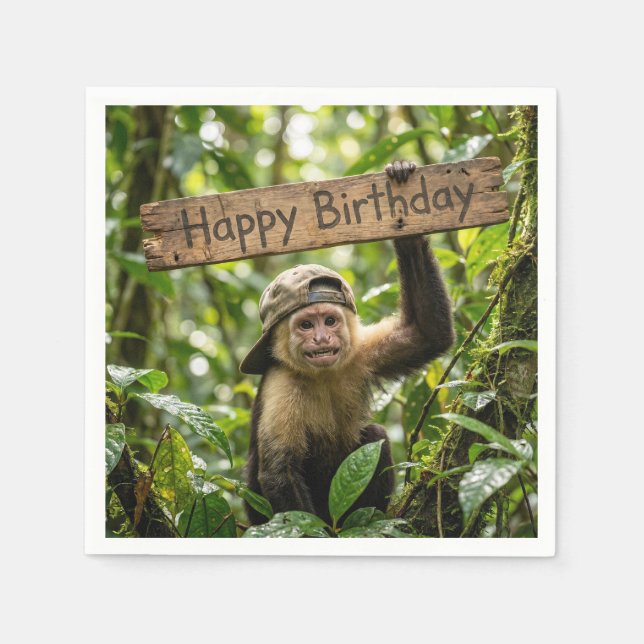 Serviette En Papier Singe tenant un panneau Joyeux Anniversaire (Devant)