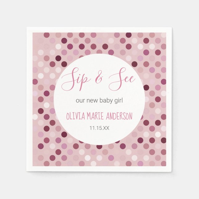 Serviette En Papier Sip & Voir bébé fille douche Pois roses (Devant)