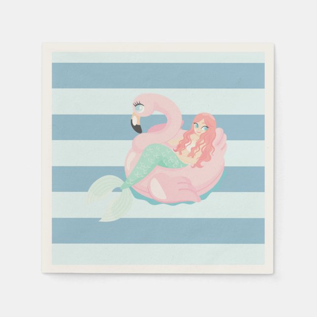 Serviette En Papier Sirène adorable sur rayures bleu clair (Devant)