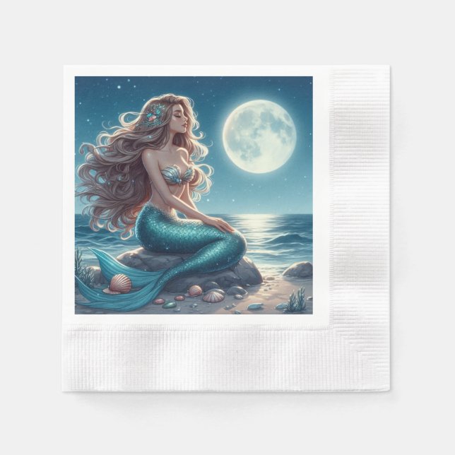 Serviette En Papier Sirène sur la plage la nuit (Devant)
