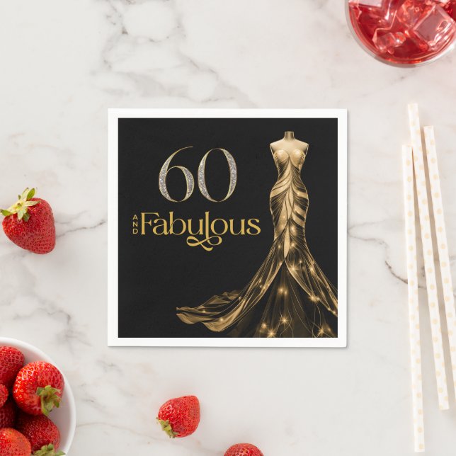 Serviette En Papier Sixty and Fabulous Gold Dress Black 60th Birthday (En situation)