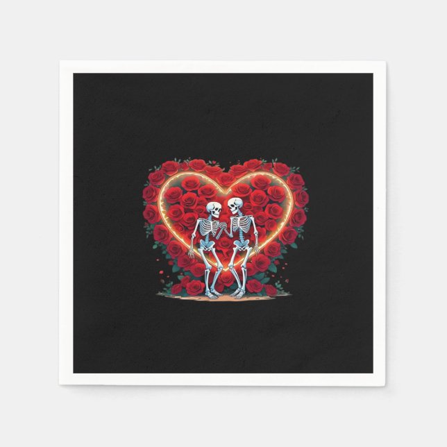 Serviette En Papier Skeleton Couple Tenant Les Mains Dans Un Coeur De  (Devant)
