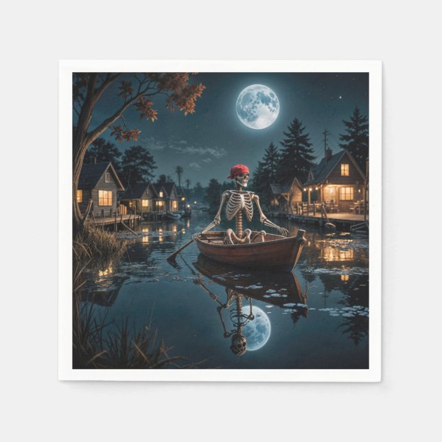 Serviette En Papier Skeleton d'Halloween en bateau à roues (Devant)