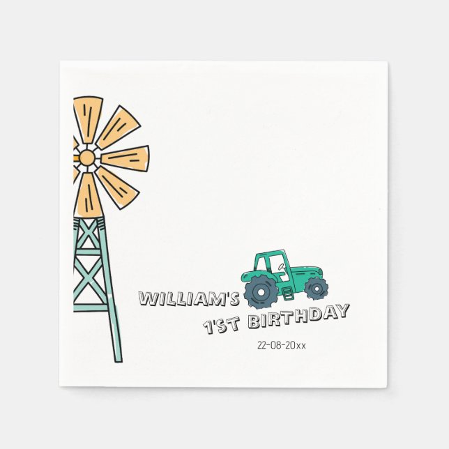 Serviette En Papier Sketchy Green Tractor Farm Windmill Boy Anniversai (Devant)