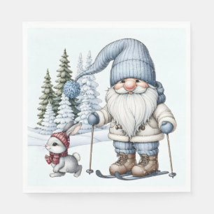 Serviette En Papier Ski Gnome avec un lapin dans les flocons de neige
