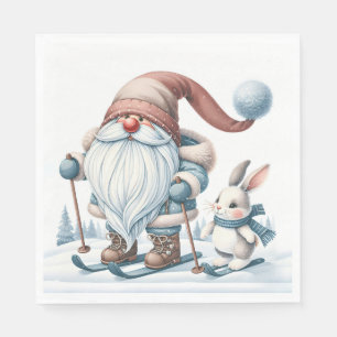 Serviette En Papier Ski Gnome avec un lapin dans les flocons de neige