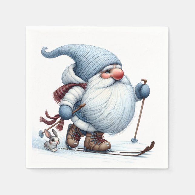 Serviette En Papier Ski Gnome d'hiver avec un lapin (Devant)