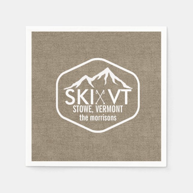 Serviette En Papier Ski Vermont Stowe Snow Mountain Rustic Burlap (Devant)