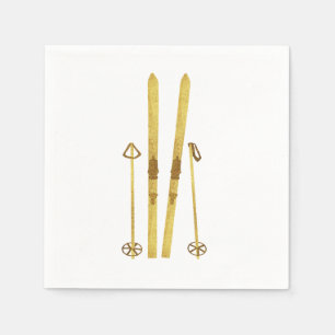 Serviette En Papier Skis Et Poles D'Or   Retro Ski Holiday