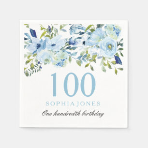 Serviette En Papier Sky Blue Watercolor Flowers 100e fête d'anniversai