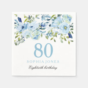 Serviette En Papier Sky Blue Watercolor Flowers 80e fête d'anniversair