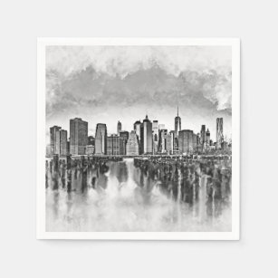 Serviette En Papier Skyline New York City Manhattan - noir et blanc