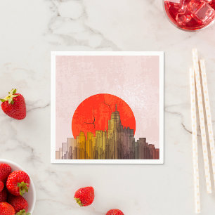 Serviette En Papier Skyline urbain avec Red Sun Grunge Cityscape