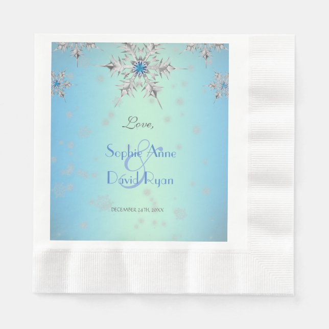 Serviette En Papier Snowflakes en argent Crystals Blue Pearls Mariage (Devant)