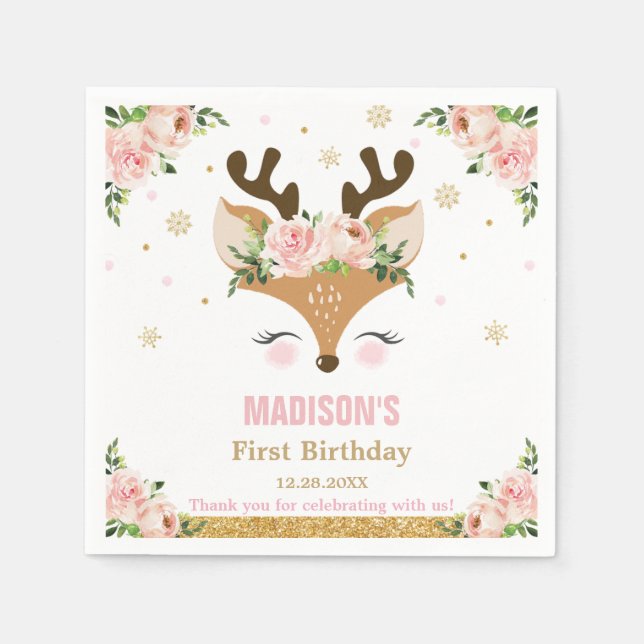 Serviette En Papier Snowflakes floraux rennes Noël Anniversaire (Devant)