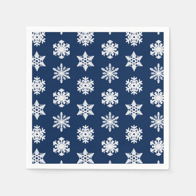 Serviette En Papier Snowflakes Ikat - Blanc et Bleu Marine (Devant)