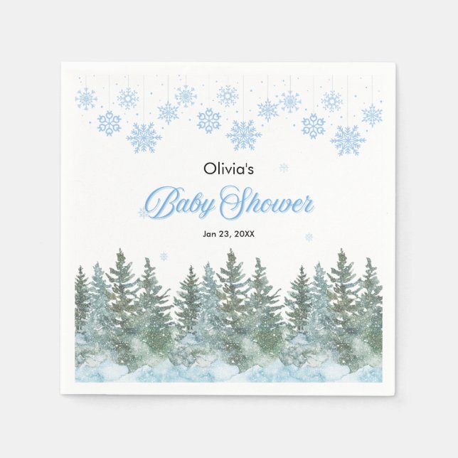 Serviette En Papier Snowflakes Pine Trees Winter Baby Shower  (Devant)