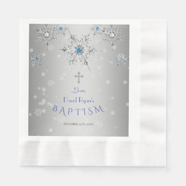 Serviette En Papier Snowflakes Silver Cristaux Perles Garçon Gris Bapt (Devant)