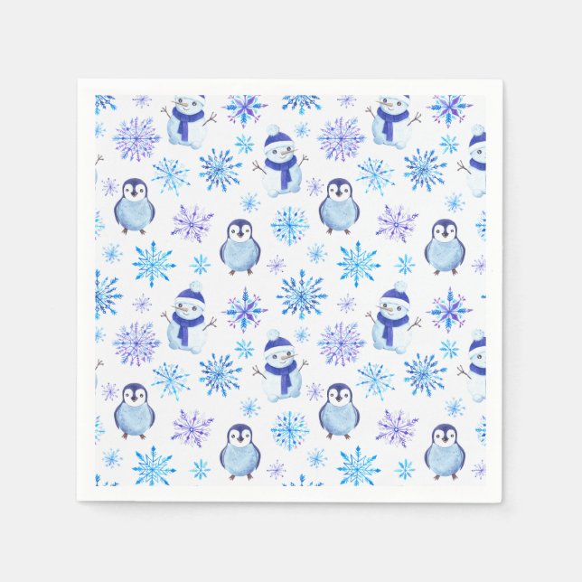 Serviette En Papier Snowflakes, Snowmen et Pingouins de Noël (Devant)