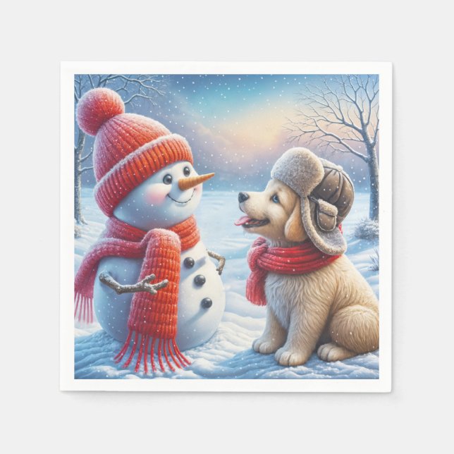 Serviette En Papier Snowman Avec Chien (Devant)