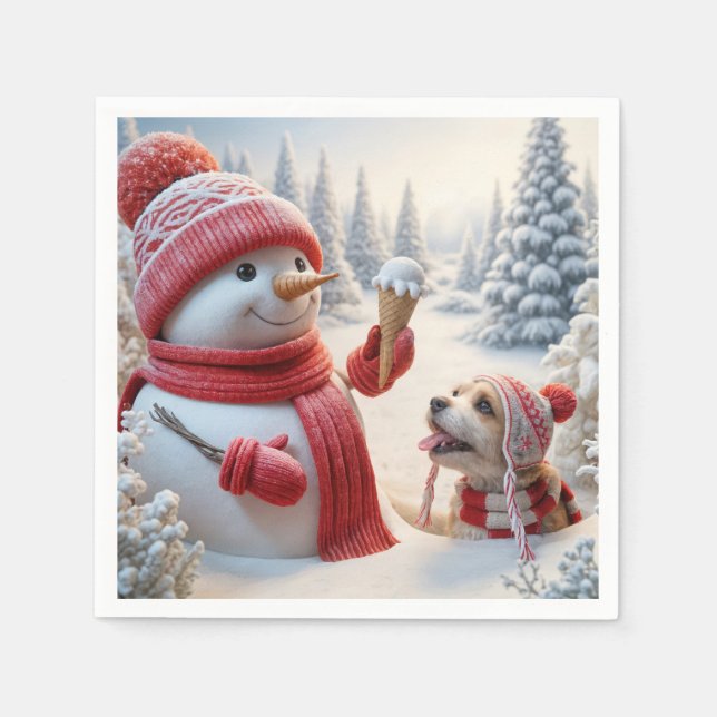Serviette En Papier Snowman avec Ice Cream Cône et Chien (Devant)