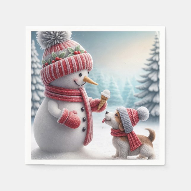 Serviette En Papier Snowman de Noël avec chien (Devant)