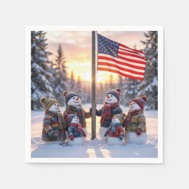 Serviette En Papier Snowman Family Gathering Around a Flagpole (Devant)