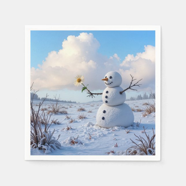 Serviette En Papier Snowman Holding a White Daisy (Devant)