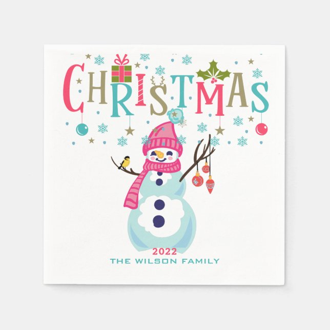 Serviette En Papier Snowman Noël Turquoise Rose rouge Personnalisé (Devant)