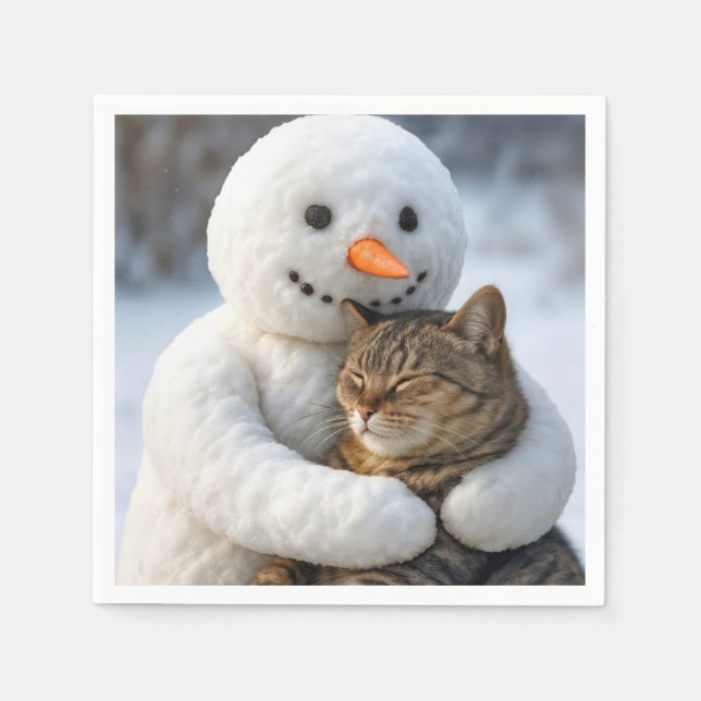 Serviette En Papier Snowman serrant un chat Tabby (Devant)