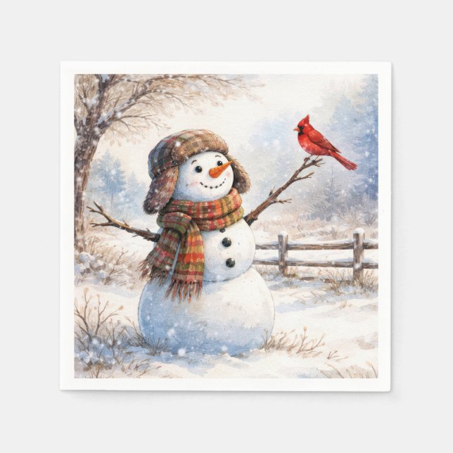 Serviette En Papier Snowman With Red Cardinal Bird (Devant)