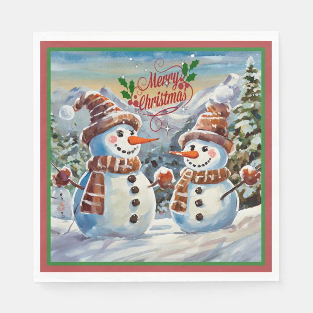 Serviette En Papier Snowmen, Joyeux Noël, (Devant)