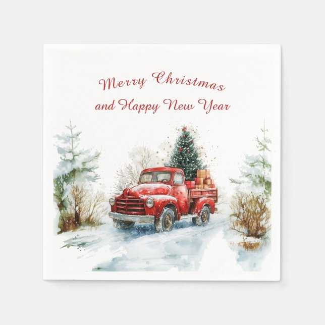Serviette En Papier ﻿Snowy Forest Red Christmas Truck  (Devant)